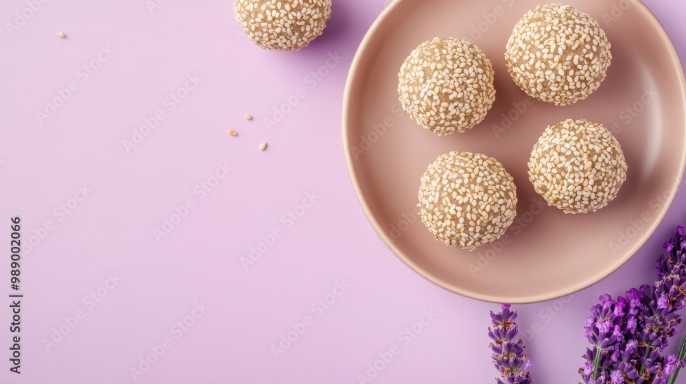 A plate of sesame balls alongside lavender flowers on a pastel background. A plate of sesame balls alongside lavender flowers on a pastel background.