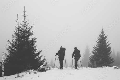 Sillhouette Black and white people hiking amoung snow outdoors footwear walking. photo