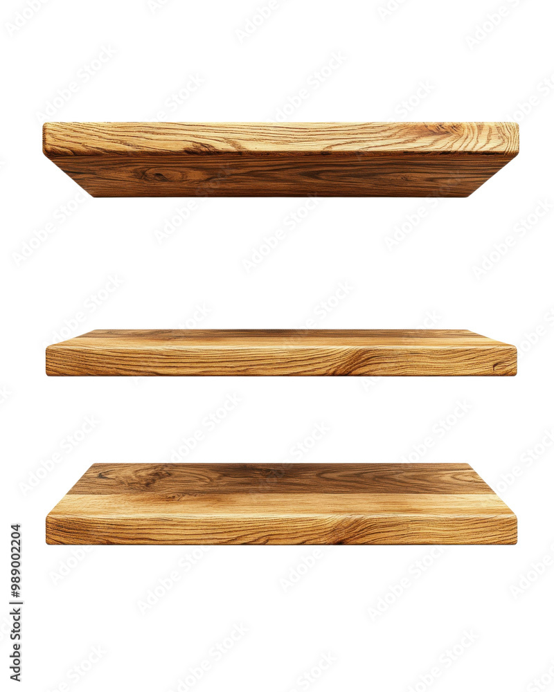 Three wooden shelves on a white isolated background for modern interior designs. Three wooden shelves on a white isolated background for modern interior designs.