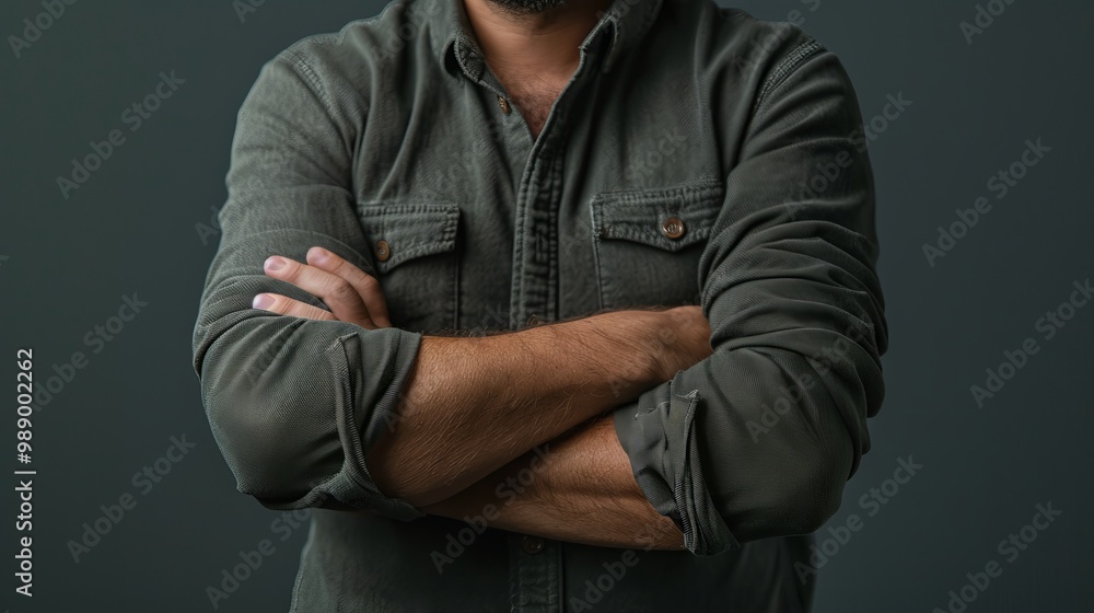 Man with arms crossed over his chest, showing defensiveness and the instinct to protect oneself in a challenging or uncomfortable situation Man with arms crossed over his chest, showing defensiveness and the instinct to protect oneself in a challenging or uncomfortable situation