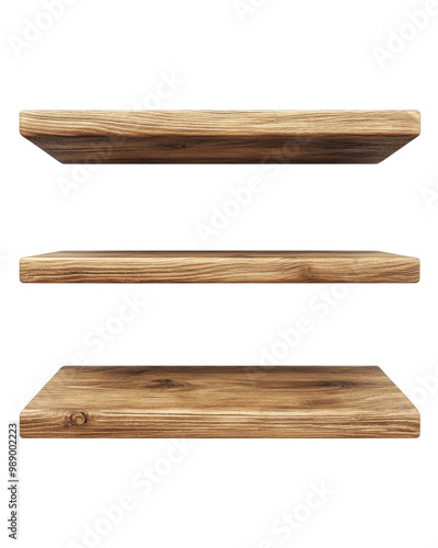 Three wooden shelves with a natural finish on a white isolated background.