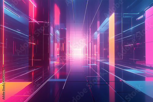 Wallpaper Mural Vintage rerto background. A vibrant neon vector illustration of planets and the sun, set against an abstract background with geometric shapes and lines in pink, purple, blue, and yellow colors.  Torontodigital.ca