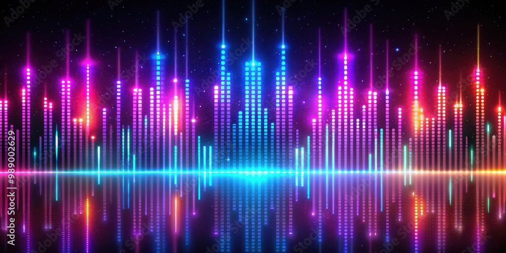 Abstract neon glow music equalizer background with sound waves and musical patterns Abstract neon glow music equalizer background with sound waves and musical patterns