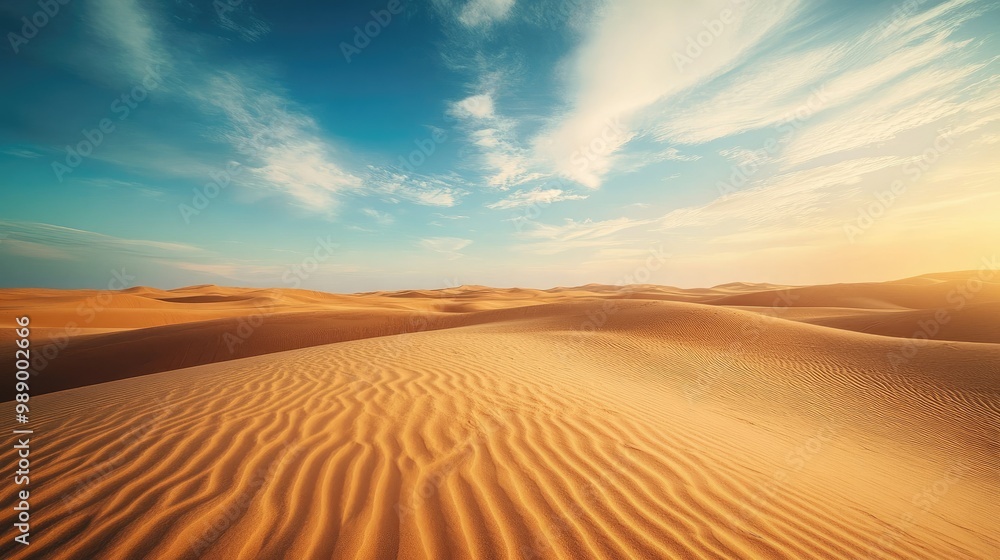 Golden sand dunes of the desert at twilight, peaceful atmosphere with room for text. No people, copy space Golden sand dunes of the desert at twilight, peaceful atmosphere with room for text. No people, copy space
