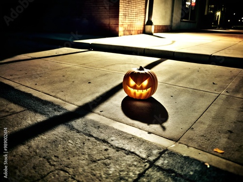 A single glowing jack-o'-lantern on an empty street corner, casting long shadows in the moonlight photo