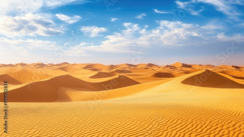 Golden sand dunes of the desert at twilight, peaceful atmosphere with room for text. No people, copy space