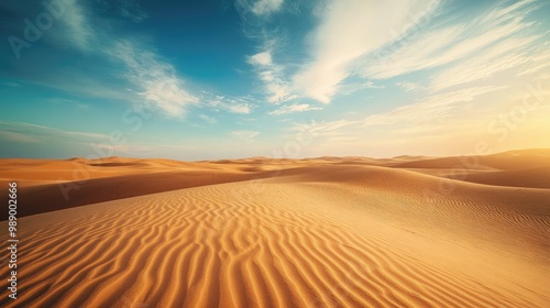 Golden sand dunes of the desert at twilight, peaceful atmosphere with room for text. No people, copy space