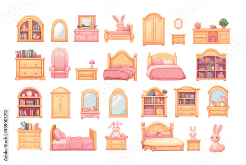 Girl bedroom furniture cartoon vector set. Bed books mirror plush rabbit toy desk lamp cupboard bookshelf chair dresser girly interior elements illustrations isolated on white background