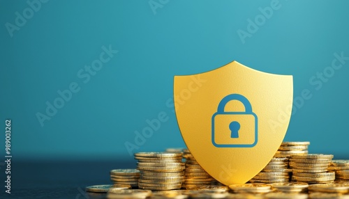 Yellow shield with a lock symbol on a stack of gold coins. photo