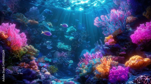 A vibrant underwater scene showcasing colorful coral reefs and tropical fish illuminated by beams of sunlight.