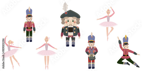 Nutcracker set: dancing ballerina, toy soldier, nutcracker, theater curtains. Vector isolated clipart elements.	