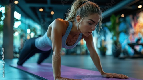 Woman Practicing Push-Ups in Modern Gym Setting