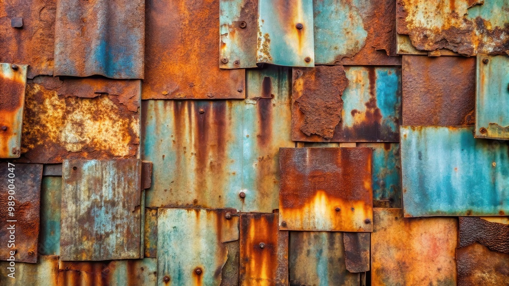 Panoramic view of old, rusty, oxidized, eroded metal sheets showcasing corrosion and decay Panoramic view of old, rusty, oxidized, eroded metal sheets showcasing corrosion and decay