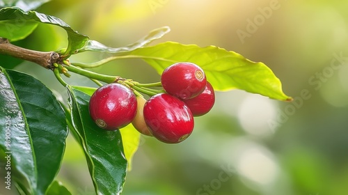 Wallpaper Mural Coffee cherries on the branch, ready for harvest, vibrant red against green leaves Torontodigital.ca