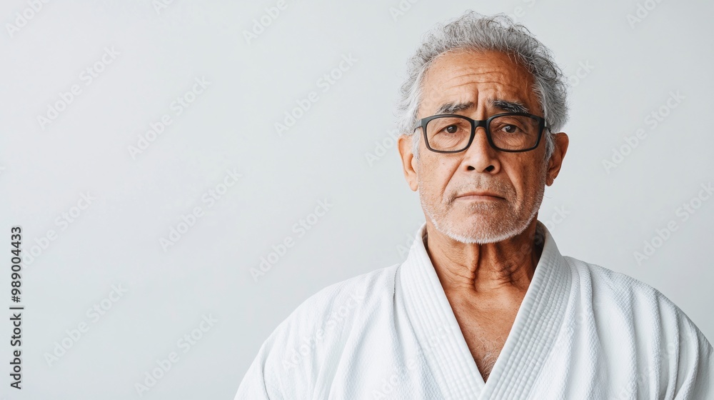 serious elderly man in karate uniform serious elderly man in karate uniform