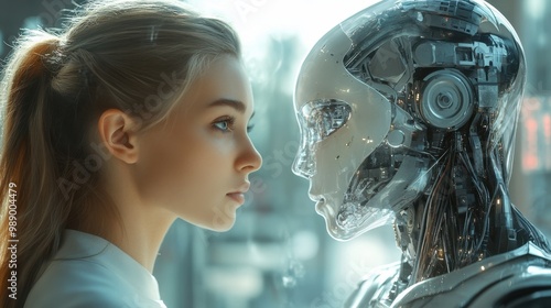 A woman and an AI robot against the backdrop of a modern office space, with holograms, glowing elements