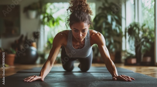 Fit Woman Practicing Push-Ups at Home Workspace