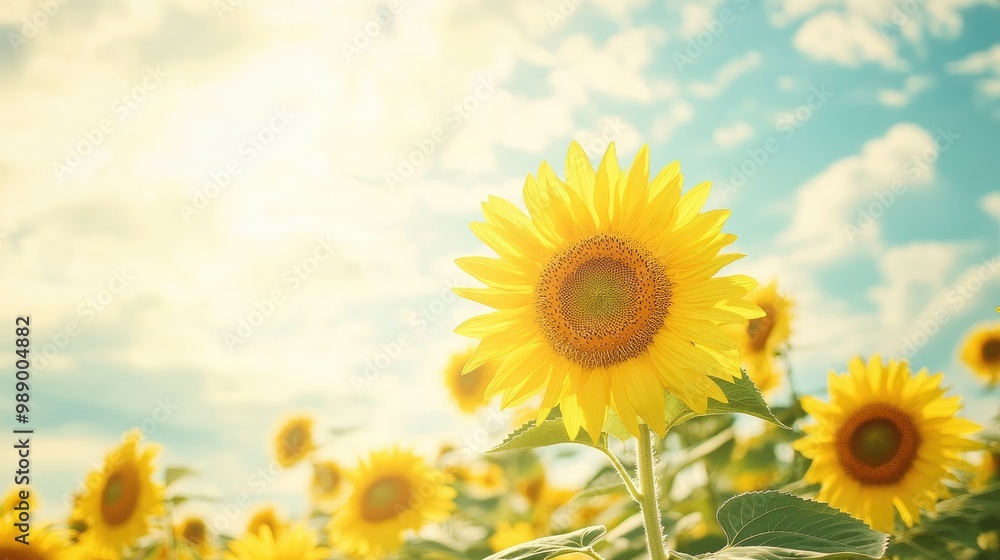 Obraz premium Open sunflower field under a bright summer sky, with plenty of space for text or design