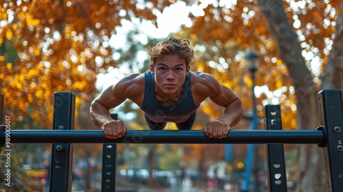 Young Man Performing Push-Ups in Autumn Park Setting