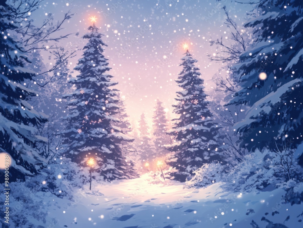 Naklejka premium Snowy Forest Path with Christmas Lights at Twilight