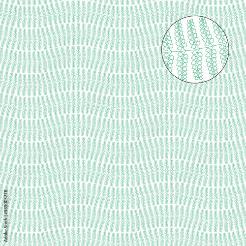 Decorative wavy vector guilloche background grid with a pattern of branches with leaves