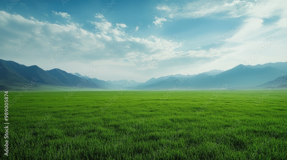 Fototapeta premium Serene, green field bordered by distant mountains, providing ample space for copy