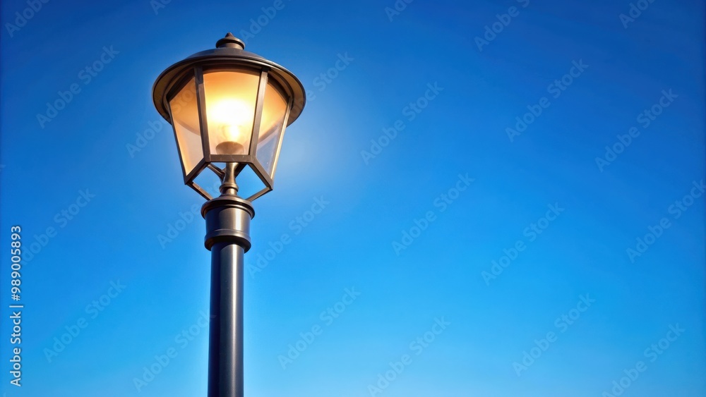 Modern street lamp shining against a clear blue sky Modern street lamp shining against a clear blue sky