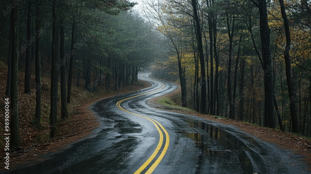 Fototapeta premium A winding road through the forest during a rainstorm, with trees on both sides and puddles forming on the asphalt.