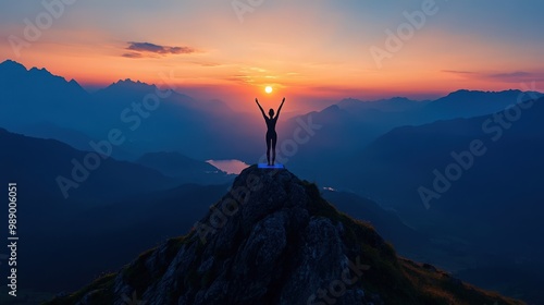 Person Celebrating at Sunset on Mountain Peak