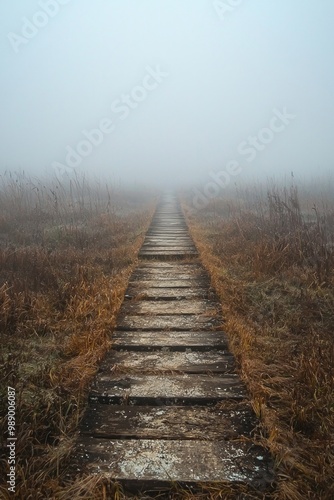 A worn-out path leading through a dense fog, representing a journey through uncertainty or confusion 