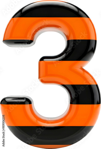 Glossy 3D Number 3 with Orange and Black Stripes
