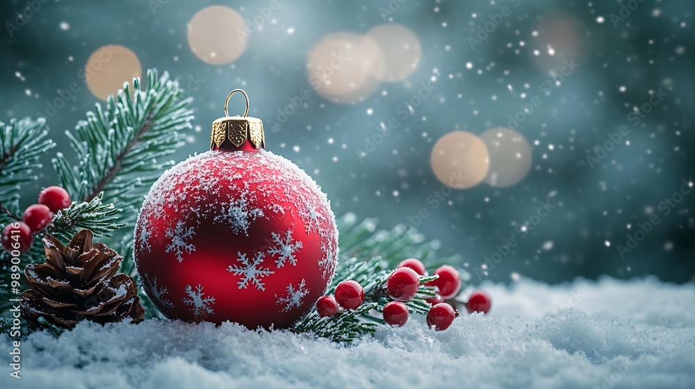 Bright beautiful christmas ball on a snowy pine branch vibrant red and green festive colors holiday celebration design traditional winter season concept Bright beautiful christmas ball on a snowy pine branch vibrant red and green festive colors holiday celebration design traditional winter season concept