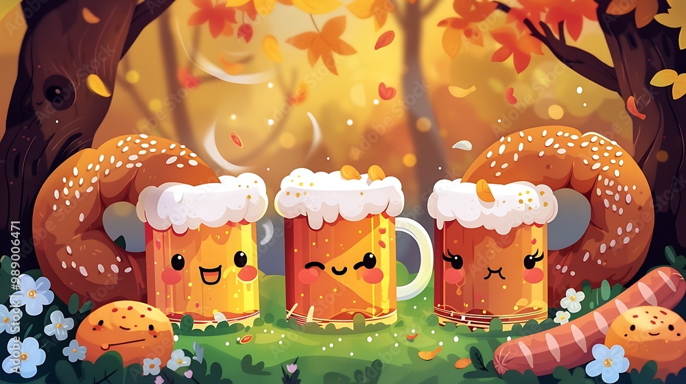 Cute Cartoon Beers and Snacks in Autumn Setting Cute Cartoon Beers and Snacks in Autumn Setting