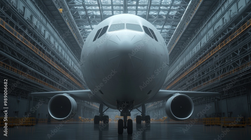 Airplane front view inside an aircraft hangar, industrial space, white isolated background. Airplane front view inside an aircraft hangar, industrial space, white isolated background.