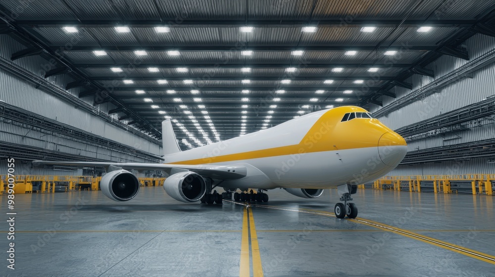 Cargo airplane inside a spacious hangar, industrial setting, modern design. Cargo airplane inside a spacious hangar, industrial setting, modern design.