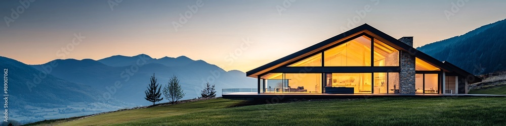 Modern mountain house at sunset Modern mountain house at sunset