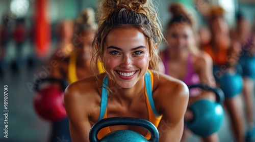 Smiling Woman in Fitness Class with Kettlebells