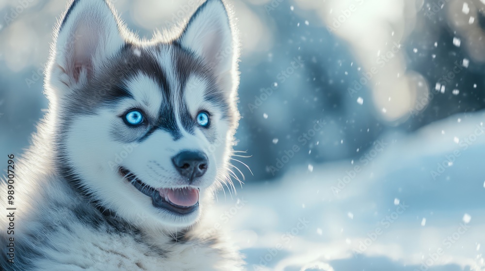 Adorable husky puppy with bright blue eyes enjoying a snowy winter day, surrounded by snowflakes and soft light. Adorable husky puppy with bright blue eyes enjoying a snowy winter day, surrounded by snowflakes and soft light.