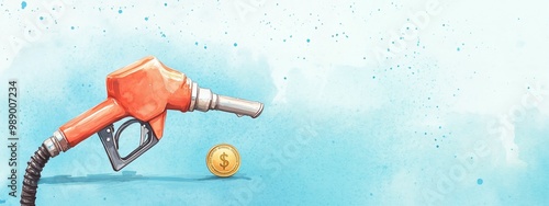 Watercolour illustration. Coin-operated refuelling gun, fuel nozzle, gas gun. Petrol or gas refill gun, oil pump handle. Finances and budget for fuel, loans and payment. Poster, wallpaper, template