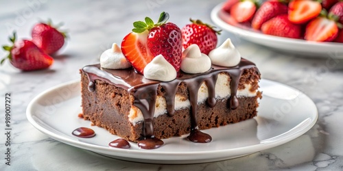 Chocolate Brownie with Strawberry Topping,  Whipped Cream and Drizzled Chocolate, brownie, strawberry, dessert, sweet photo