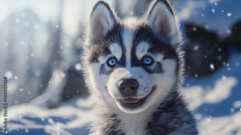 Adorable husky puppy with striking blue eyes, happily sitting in a snowy winter landscape surrounded by soft, falling snowflakes. Adorable husky puppy with striking blue eyes, happily sitting in a snowy winter landscape surrounded by soft, falling snowflakes.