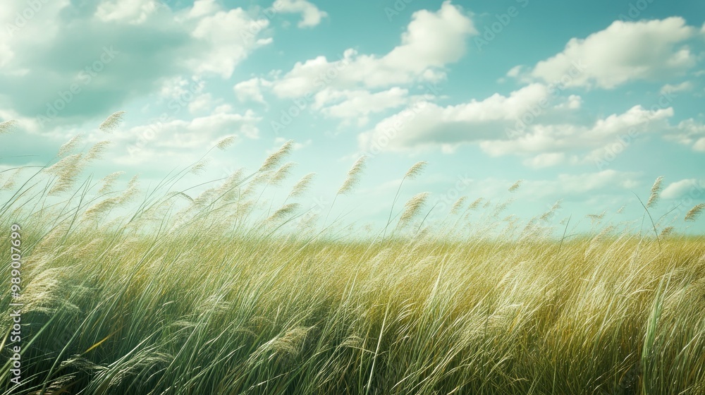 Wide open field with tall grass swaying in the wind, offering space for text or design elements Wide open field with tall grass swaying in the wind, offering space for text or design elements