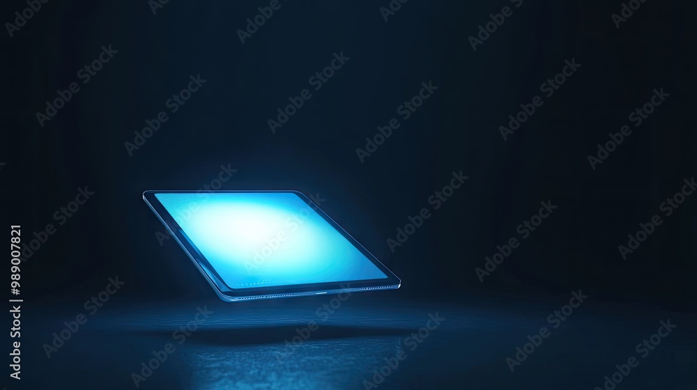 A high-tech digital tablet floating against a dark navy background, with the screen glowing, symbolizing innovation and technology. A high-tech digital tablet floating against a dark navy background, with the screen glowing, symbolizing innovation and technology.