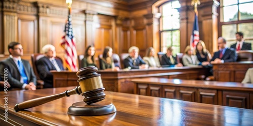 Gavel on a Polished Table in a Courtroom,  justice , law , court , gavel photo