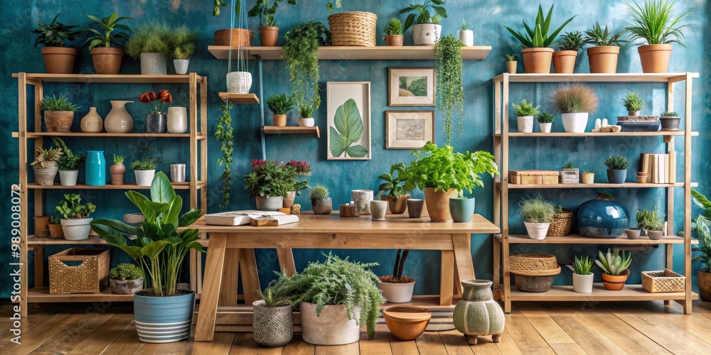 Green and Blue Interior Design with Plants and Wooden Shelves, teal , plants , shelves , interior design Green and Blue Interior Design with Plants and Wooden Shelves, teal , plants , shelves , interior design