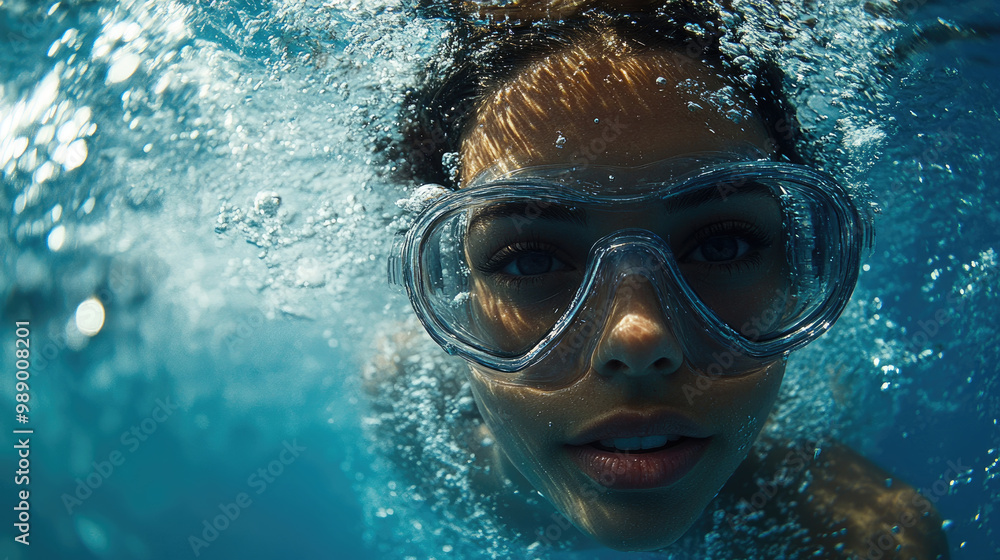 Naklejka premium A young woman explores the underwater world, wearing goggles as light creates mesmerizing patterns in the clear blue water on a sunny day