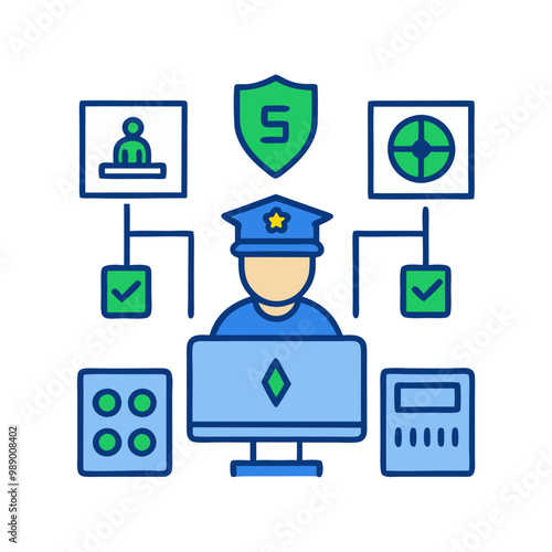 Minimalist Security Operations Center (SOC) Icon, Blue and Green Tones, Cybersecurity Concept