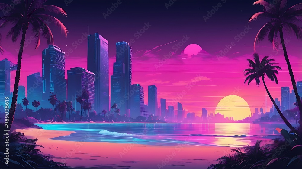 Obraz premium Synthwave style landscape with sea beach and silhouette modern metropolis in the background