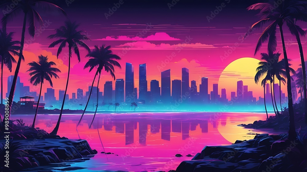 Obraz premium Synthwave style landscape with sea beach and silhouette modern metropolis in the background