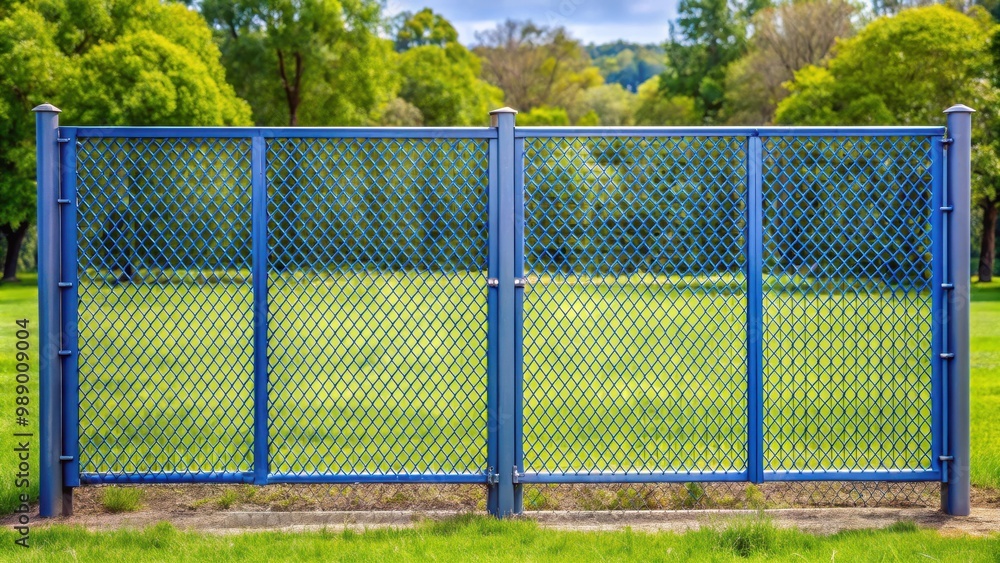 Fototapeta premium Grey metal perforated fence with blue posts standing in a green clearing